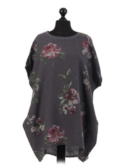 Italian Linen Floral Baggy Top - Charcoal