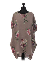 Italian Linen Floral Baggy Top - Mocha