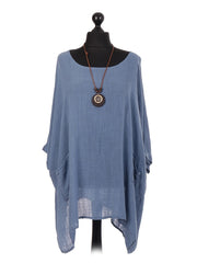 Italian Plain Batwing Top With Front Pockets and Necklace - Denim