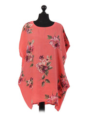 Italian Linen Floral Baggy Top - Coral