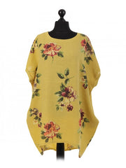 Italian Linen Floral Baggy Top - Mustard