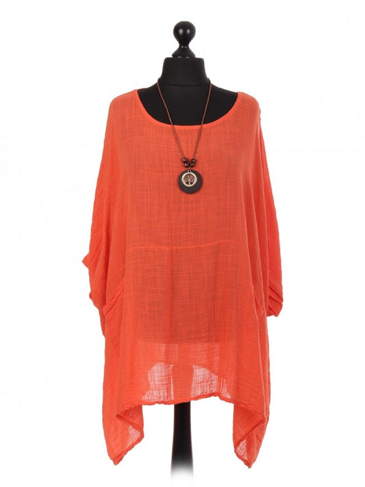 Italian Plain Batwing Top With Front Pockets and Necklace - Orange