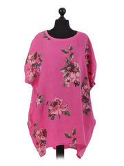 Italian Linen Floral Baggy Top - Cerise