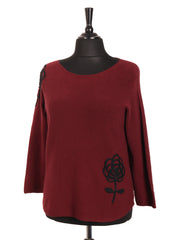 Italian Applique Flower Soft Knit Jumper - Wine