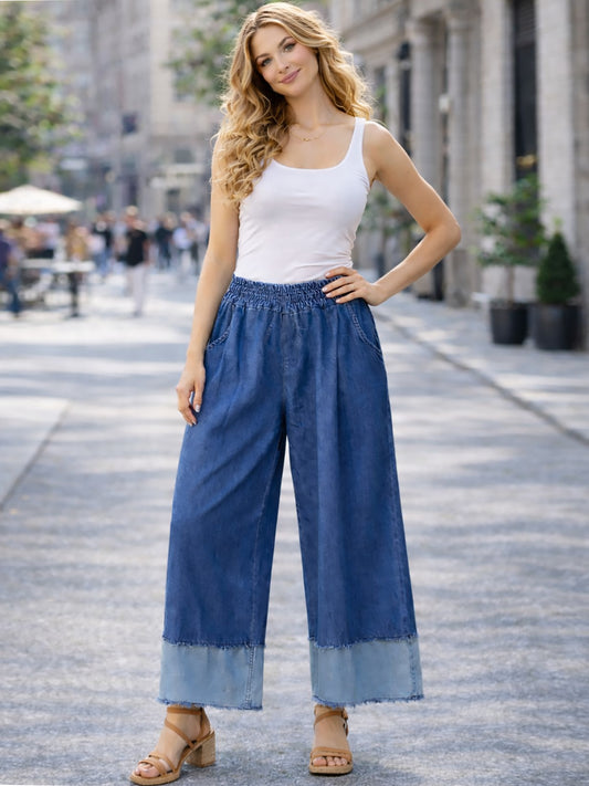 Italian Contrast Raw Edge Hem Wide Leg Palazzo - Denim