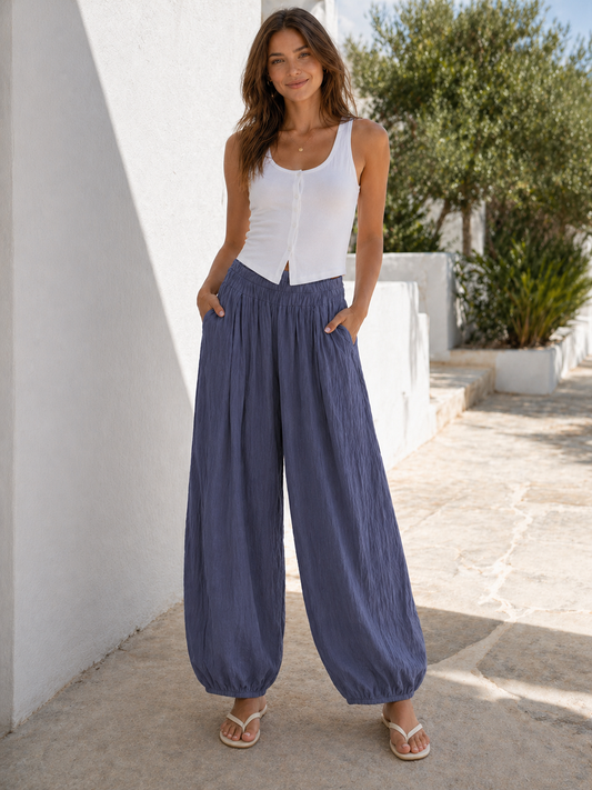 Italian Crinkle Fabric Elasticated Waist Harem Trousers - Denim