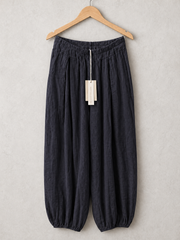 Italian Crinkle Fabric Elasticated Waist Harem Trousers - Navy