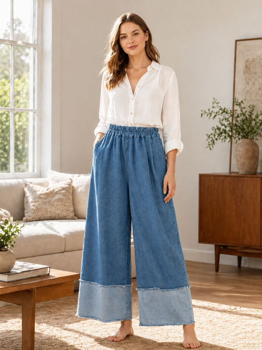 Italian Denim Fabric Wide Leg Elasticated Waist Palazzo Trousers - Light Denim