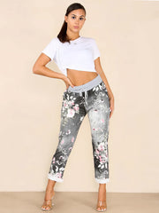 Italian Floral Print Cotton Joggers - Black