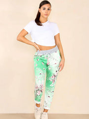 Italian Floral Print Cotton Joggers - Green