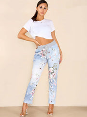 Italian Floral Print Cotton Joggers - Light Denim