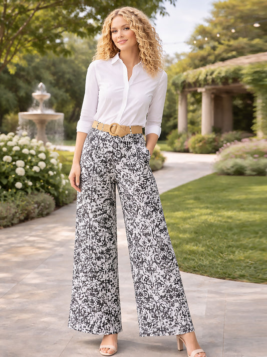 Italian Paisley Print Palazzo Trousers With Belt - Black