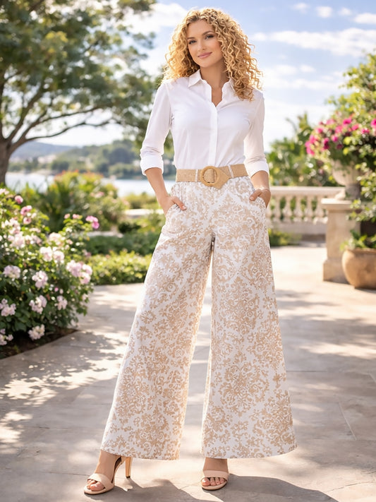 Italian Paisley Print Palazzo Trousers With Belt - Mocha