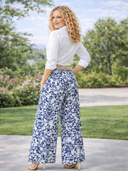 Italian Paisley Print Palazzo Trousers With Belt - Navy