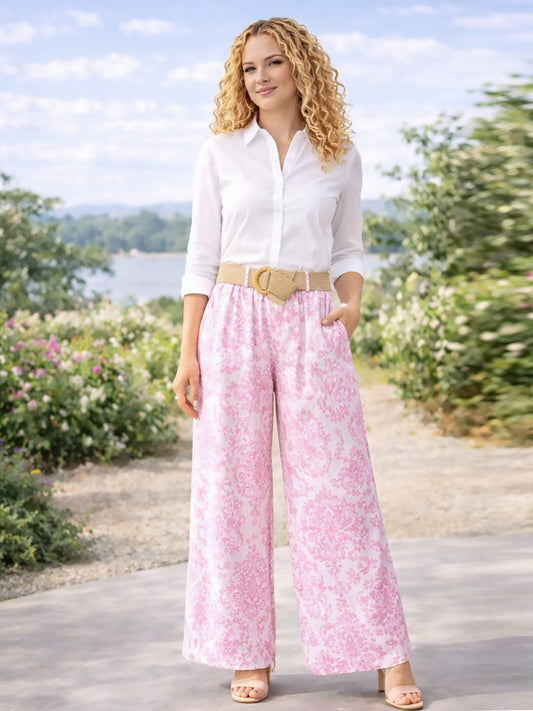 Italian Paisley Print Palazzo Trousers With Belt - Pink