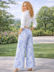 Italian Paisley Print Palazzo Trousers With Belt - Royal Blue
