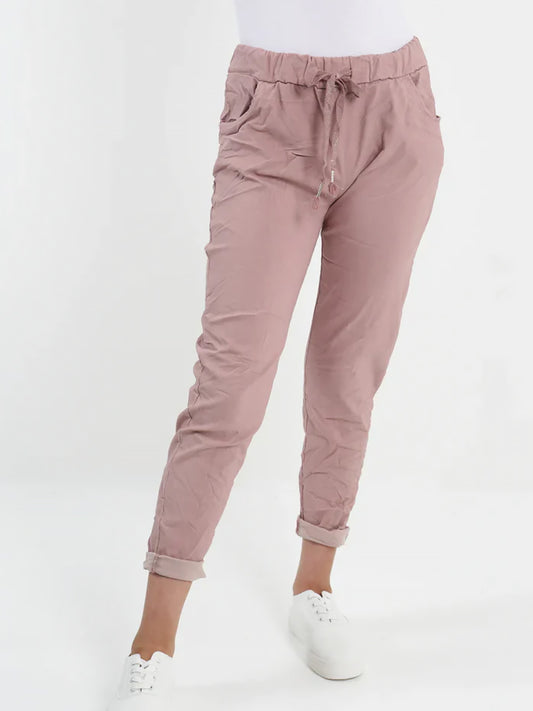 Italian Plain Magic Pants With Side Pockets - Dusty Pink