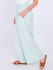 Italian Smocked Elasticated Waist Plain Palazzo Trousers - Aqua