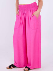 Italian Smocked Elasticated Waist Plain Palazzo Trousers - Cerise