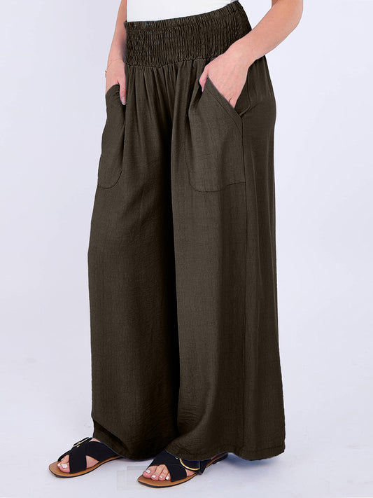 Italian Smocked Elasticated Waist Plain Palazzo Trousers - Chocolate