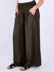 Italian Smocked Elasticated Waist Plain Palazzo Trousers - Chocolate