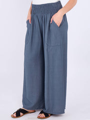 Italian Smocked Elasticated Waist Plain Palazzo Trousers - Denim