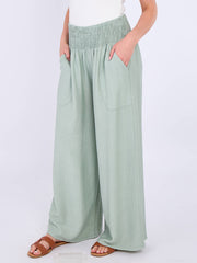 Italian Smocked Elasticated Waist Plain Palazzo Trousers - Khaki