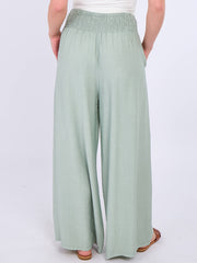 Italian Smocked Elasticated Waist Plain Palazzo Trousers - Khaki