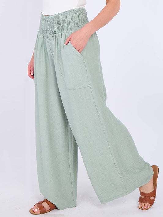 Italian Smocked Elasticated Waist Plain Palazzo Trousers - Khaki