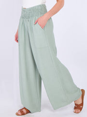 Italian Smocked Elasticated Waist Plain Palazzo Trousers - Khaki