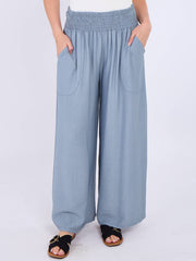 Italian Smocked Elasticated Waist Plain Palazzo Trousers - Light Denim