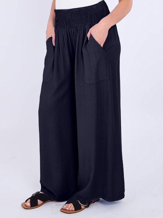 Italian Smocked Elasticated Waist Plain Palazzo Trousers - Navy