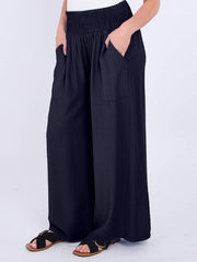 Italian Smocked Elasticated Waist Plain Palazzo Trousers - Navy