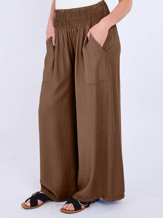 Italian Smocked Elasticated Waist Plain Palazzo Trousers - Walnut