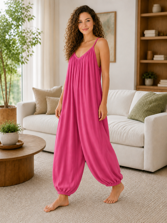Italian Strappy Harem Style Jumpsuit With Side Pockets - Cerise