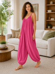Italian Strappy Harem Style Jumpsuit With Side Pockets - Cerise