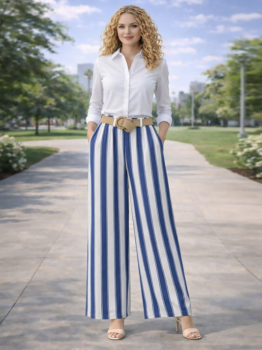 Italian Striped Print Palazzo Trousers With Belt - Denim