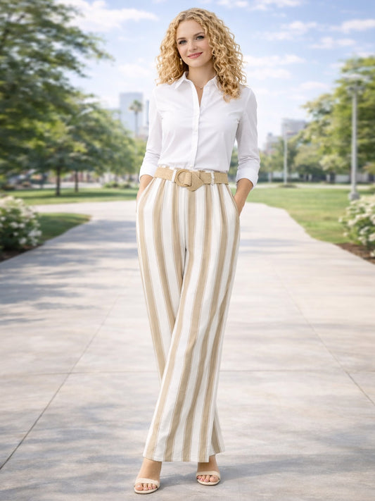 Italian Striped Print Palazzo Trousers With Belt - Mocha