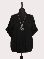 Italian Vintage Dye Linen Blend Top with Necklace - Black