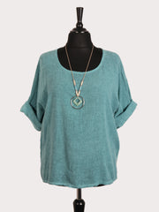 Italian Vintage Dye Linen Blend Top with Necklace - Mint