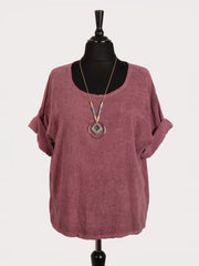 Italian Vintage Dye Linen Blend Top with Necklace - Plum