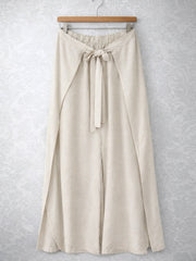 Italian Wrap Front & Split Hem Wide Leg Trousers With Tie Waist - Beige