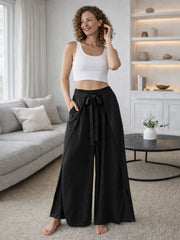 Italian Wrap Front & Split Hem Wide Leg Trousers With Tie Waist - Black