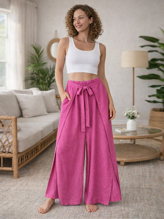 Italian Wrap Front & Split Hem Wide Leg Trousers With Tie Waist - Cerise
