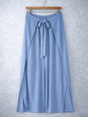 Italian Wrap Front & Split Hem Wide Leg Trousers With Tie Waist - Light Denim