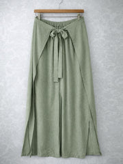 Italian Wrap Front & Split Hem Wide Leg Trousers With Tie Waist - Khaki