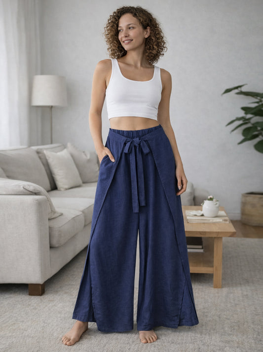 Italian Wrap Front & Split Hem Wide Leg Trousers With Tie Waist - Navy