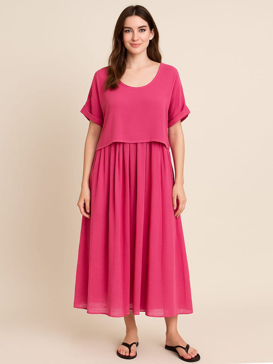 Italian Cotton 2 Piece Flare Maxi Dress with Shrug Top - Cerise