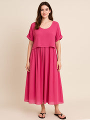 Italian Cotton 2 Piece Flare Maxi Dress with Shrug Top - Cerise