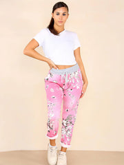 Italian Floral Print Cotton Joggers - Pink